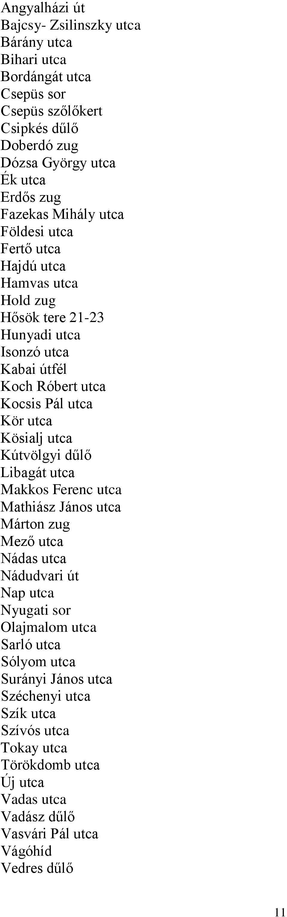 utca Kösialj utca Kútvölgyi dűlő Libagát utca Makkos Ferenc utca Mathiász János utca Márton zug Mező utca Nádas utca Nádudvari út Nap utca Nyugati sor Olajmalom utca