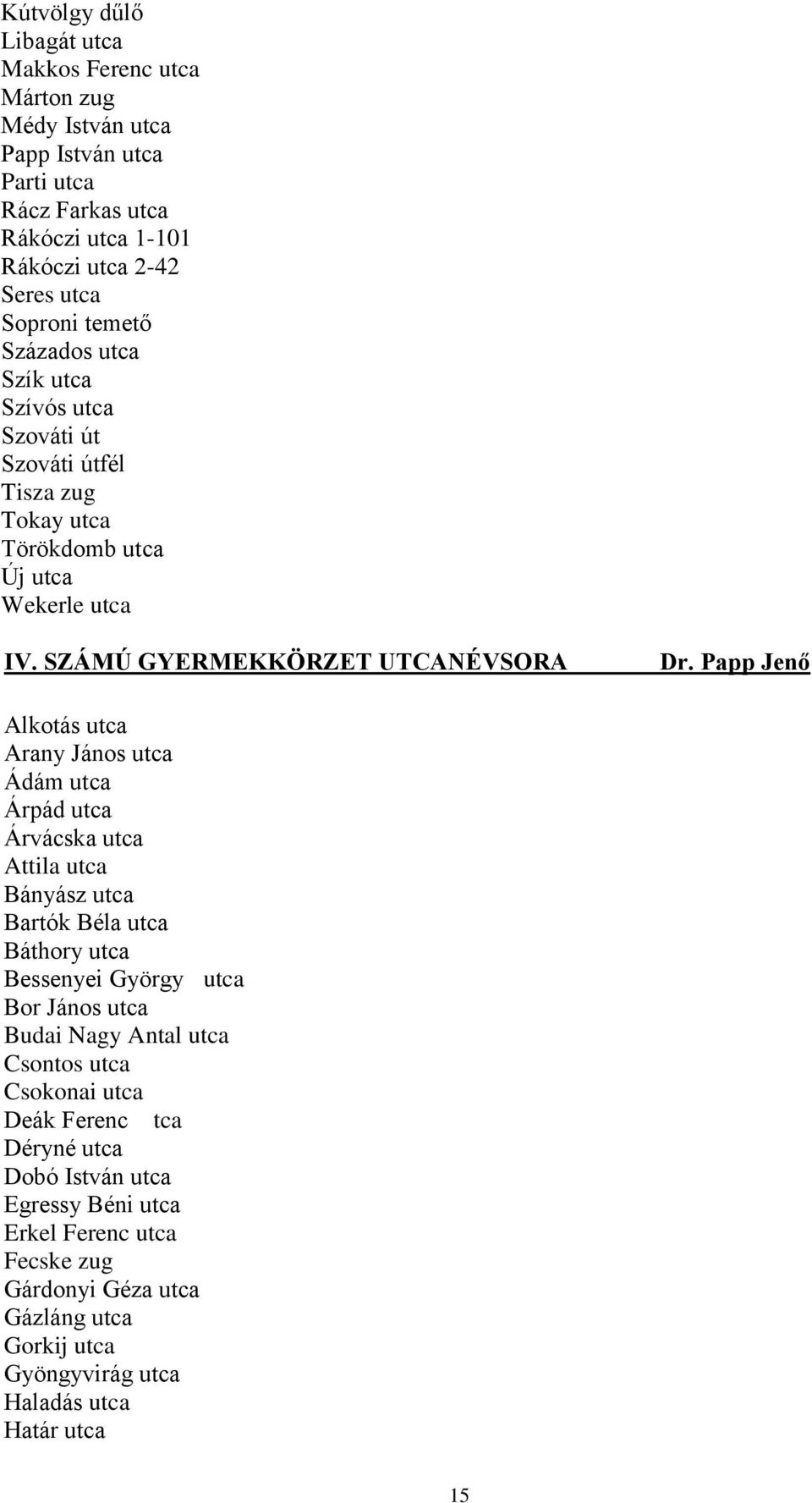 Papp Jenő Alkotás utca Arany János utca Ádám utca Árpád utca Árvácska utca Attila utca Bányász utca Bartók Béla utca Báthory utca Bessenyei Györgyutca Bor János utca Budai Nagy Antal