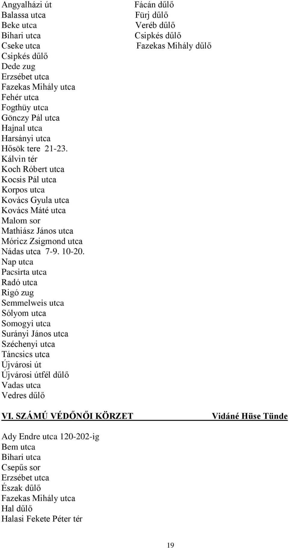 Nap utca Pacsirta utca Radó utca Rigó zug Semmelweis utca Sólyom utca Somogyi utca Surányi János utca Széchenyi utca Táncsics utca Újvárosi út Újvárosi útfél dűlő Vadas utca Vedres dűlő Fácán dűlő