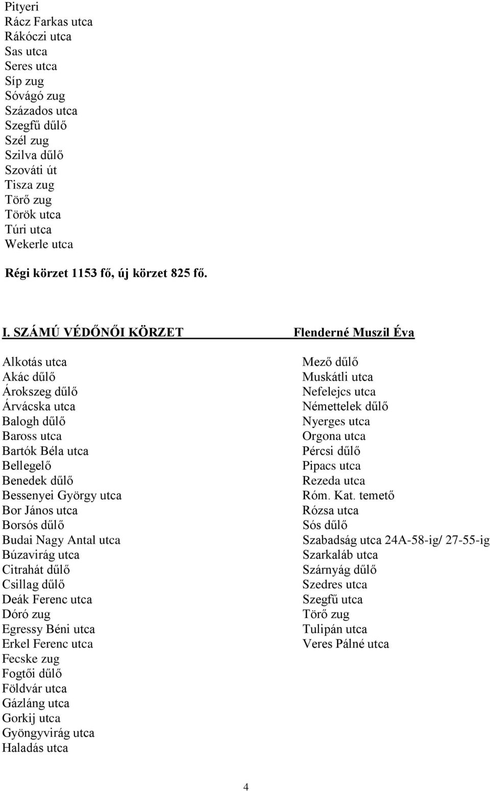 SZÁMÚ VÉDŐNŐI KÖRZET Flenderné Muszil Éva Alkotás utca Akác dűlő Árokszeg dűlő Árvácska utca Balogh dűlő Baross utca Bartók Béla utca Bellegelő Benedek dűlő Bessenyei György utca Bor János utca