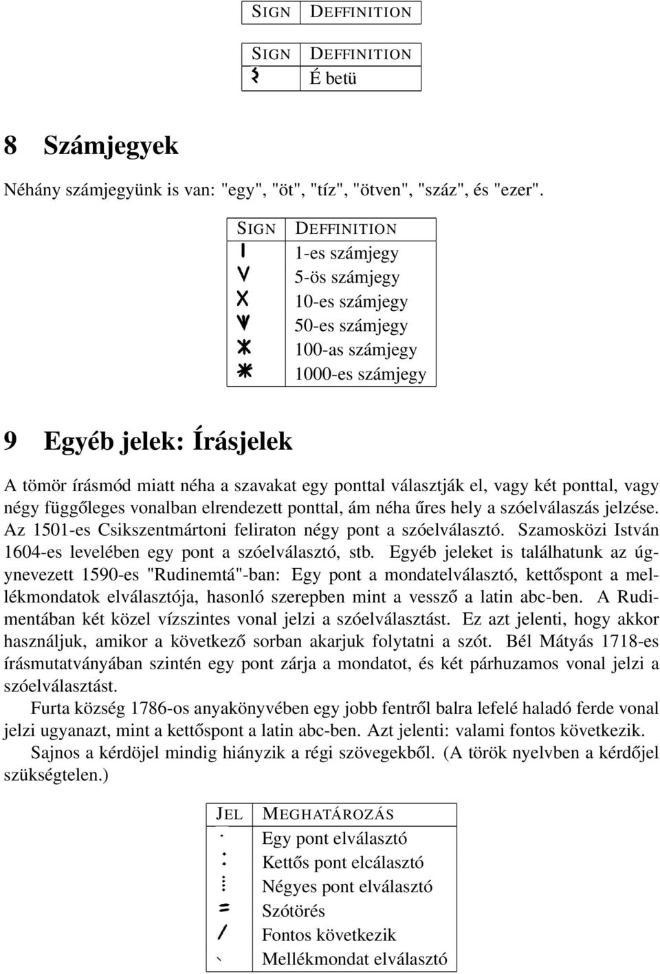 vagy két ponttal, vagy négy függőleges vonalban elrendezett ponttal, ám néha űres hely a szóelválaszás jelzése. Az 1501-es Csikszentmártoni feliraton négy pont a szóelválasztó.