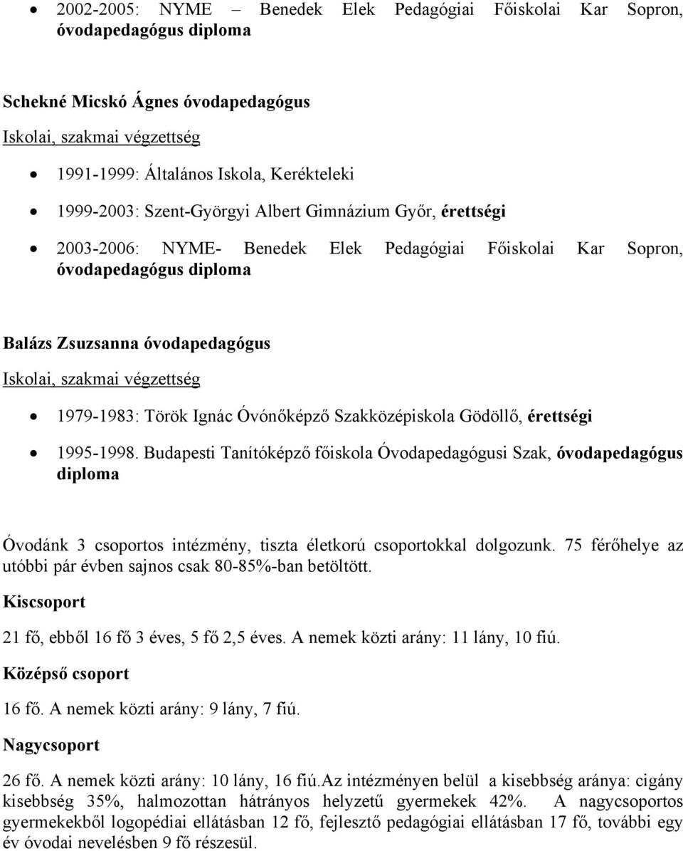 Gödöllő, érettségi 1995-1998. Budapesti Tanítóképző főiskola Óvodapedagógusi Szak, óvodapedagógus diploma Óvodánk 3 csoportos intézmény, tiszta életkorú csoportokkal dolgozunk.