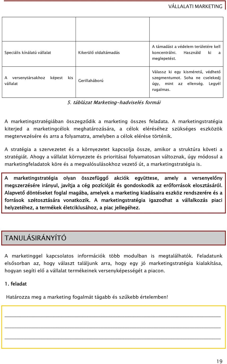 táblázat Marketing-hadviselés formái A marketingstratégiában összegződik a marketing összes feladata.