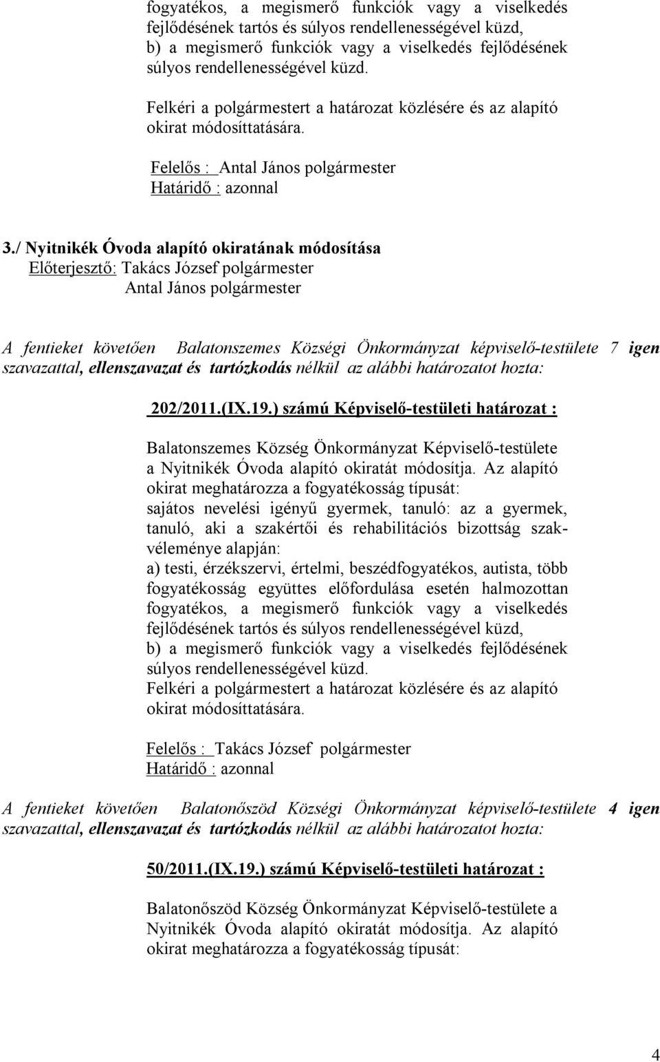 módosítja. Az alapító okirat meghatározza a fogyatékosság típusát: Felelős : Takács József polgármester 50/2011.(IX.19.