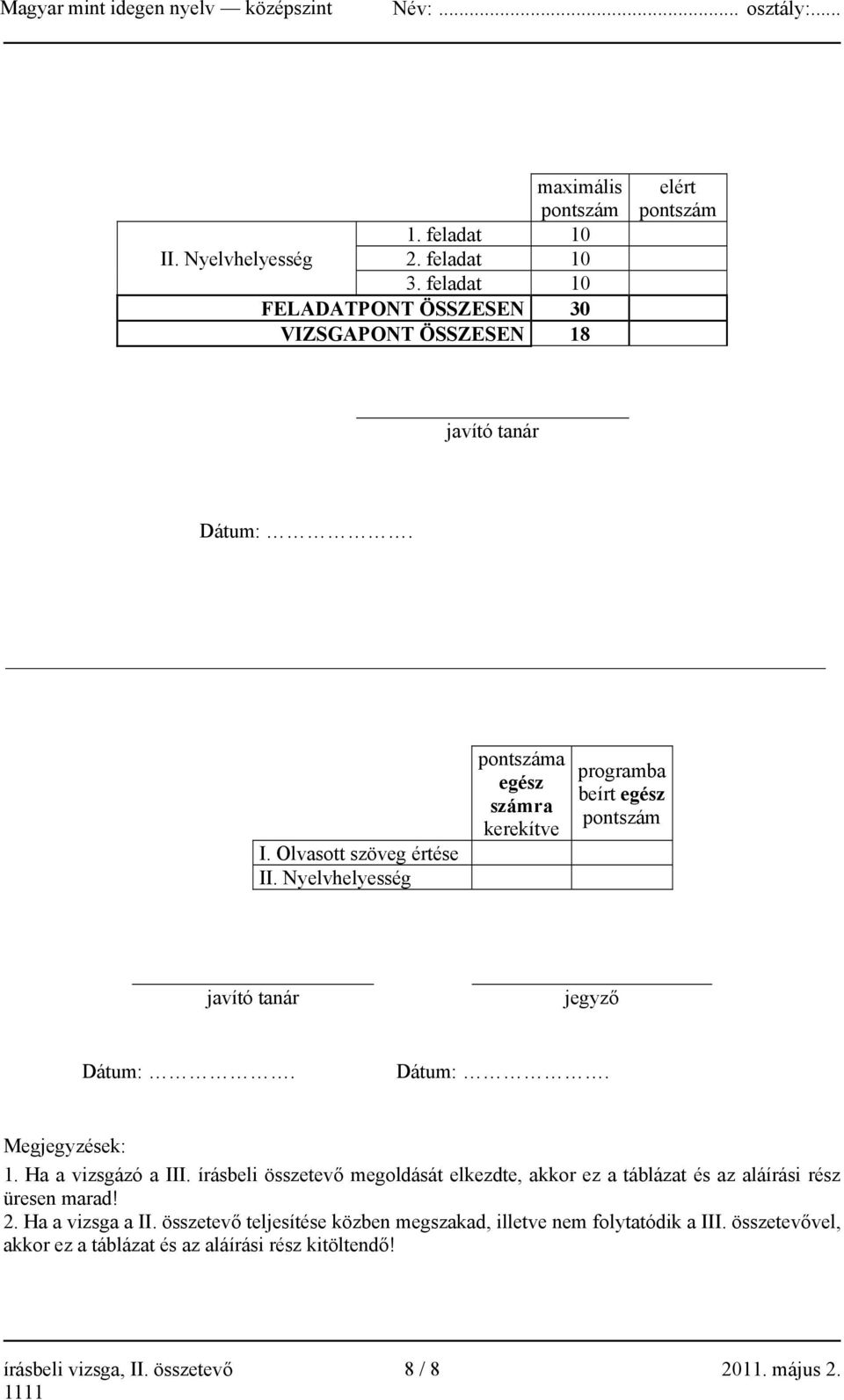 Ha a vizsgázó a III. írásbeli összetevő megoldását elkezdte, akkor ez a táblázat és az aláírási rész üresen marad! 2. Ha a vizsga a II.