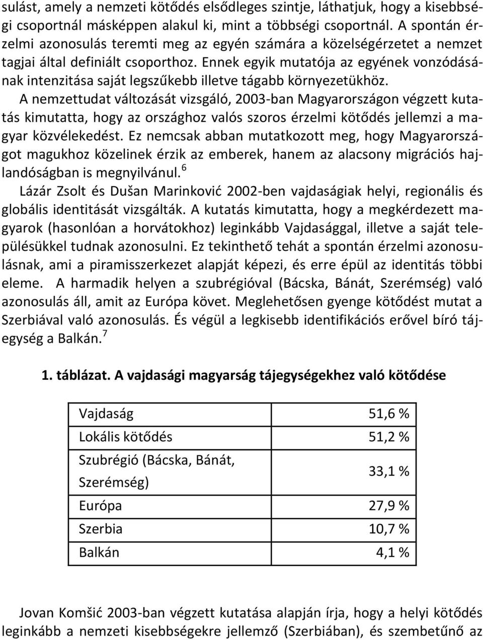 Ennek egyik mutatója az egyének vonzódásának intenzitása saját legszűkebb illetve tágabb környezetükhöz.