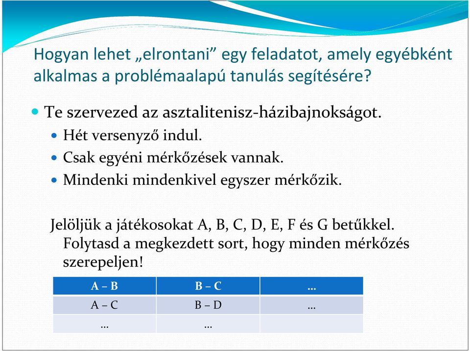 Csak egyéni mérkőzések vannak. Mindenki mindenkivel egyszer mérkőzik.