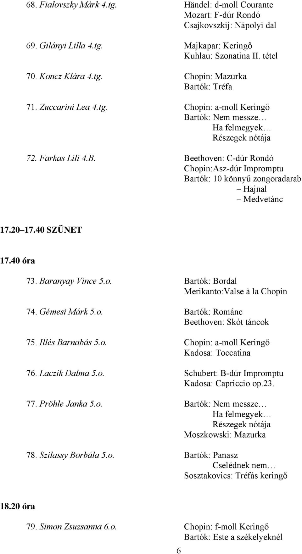 20 17.40 SZÜNET 17.40 óra 73. Baranyay Vince 5.o. Bartók: Bordal Merikanto:Valse à la Chopin 74. Gémesi Márk 5.o. Bartók: Románc Beethoven: Skót táncok 75. Illés Barnabás 5.o. Chopin: a-moll Keringő Kadosa: Toccatina 76.