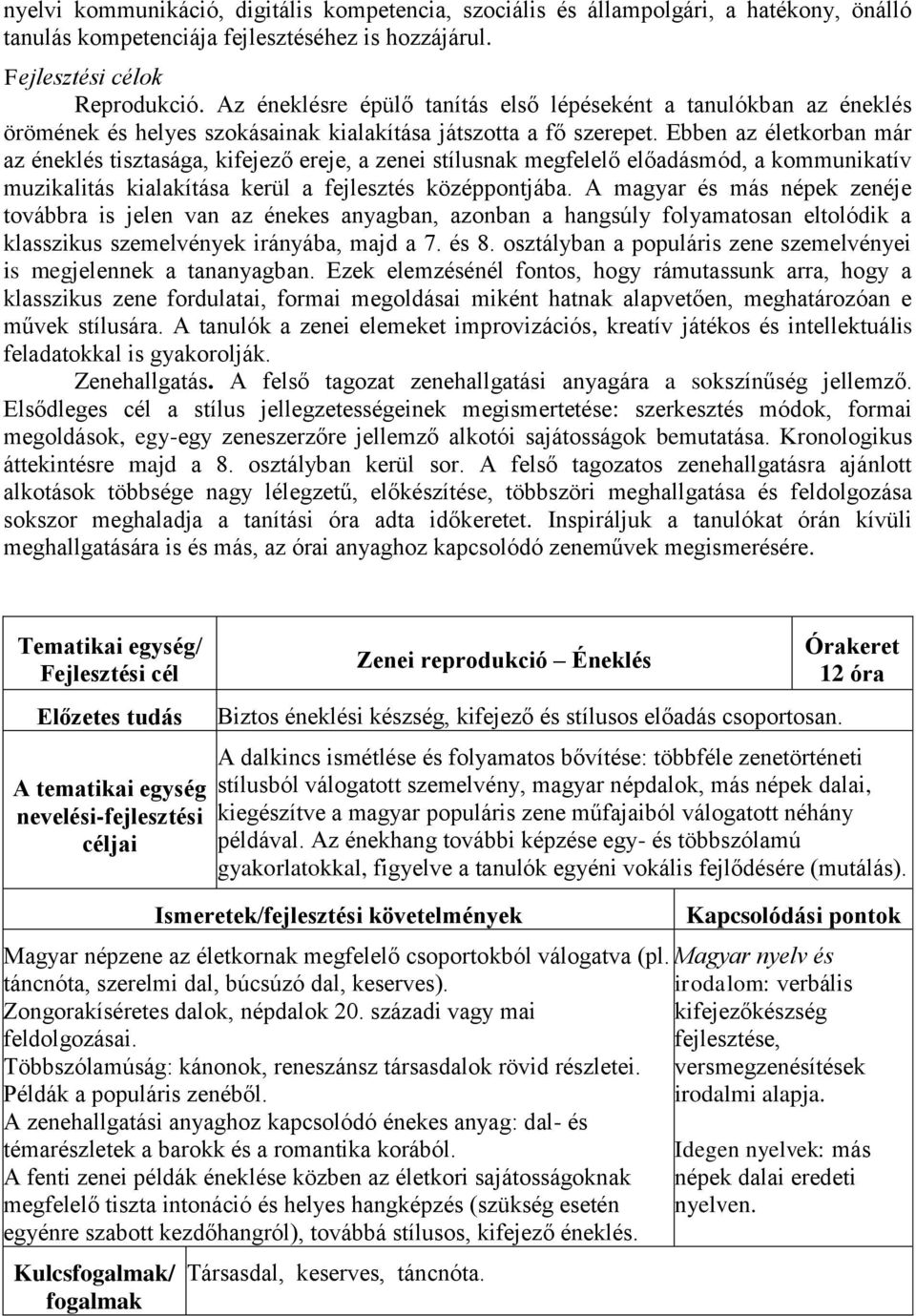 Ebben az életkorban már az éneklés tisztasága, kifejező ereje, a zenei stílusnak megfelelő előadásmód, a kommunikatív muzikalitás kialakítása kerül a fejlesztés középpontjába.