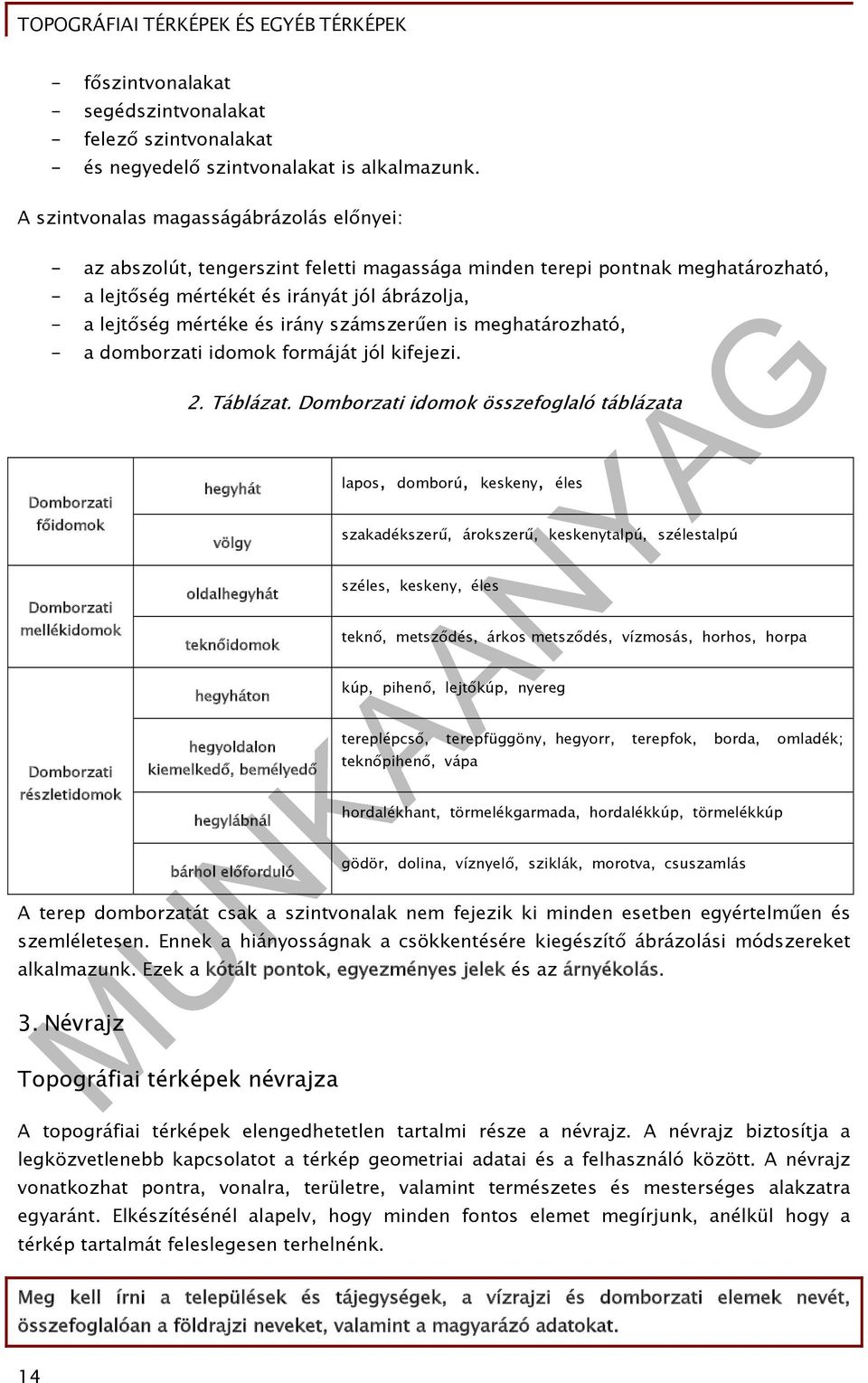 irány számszerűen is meghatározható, - a domborzati idomok formáját jól kifejezi. Domborzati főidomok Domborzati mellékidomok Domborzati részletidomok 2. Táblázat.