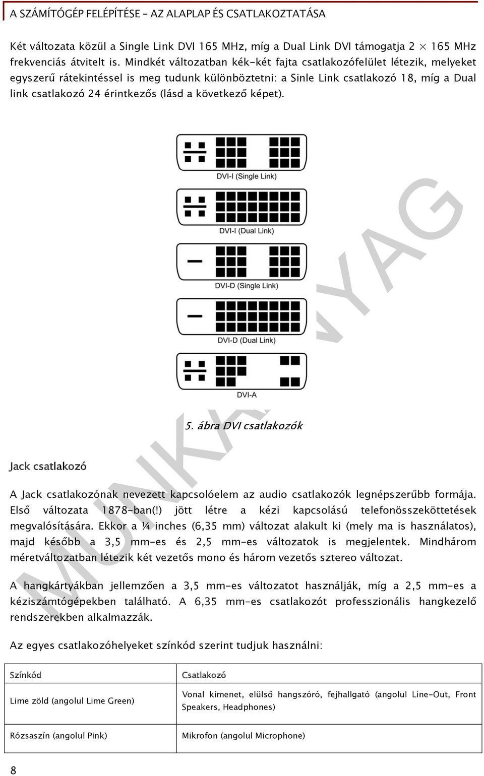 következő képet). Jack csatlakozó 5. ábra DVI csatlakozók A Jack csatlakozónak nevezett kapcsolóelem az audio csatlakozók legnépszerűbb formája. Első változata 1878-ban(!