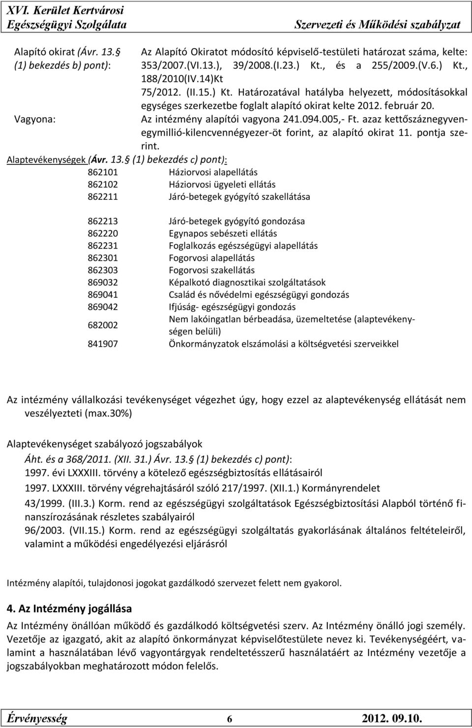 azaz kettőszáznegyvenegymillió-kilencvennégyezer-öt forint, az alapító okirat 11. pontja szerint. Alaptevékenységek (Ávr. 13.