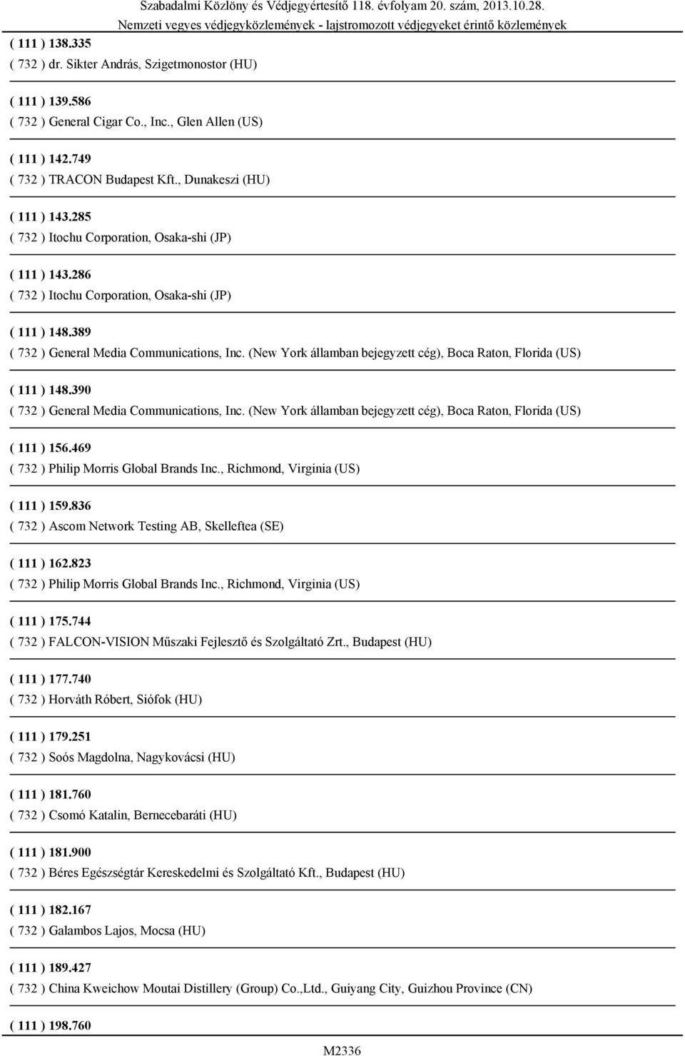 (New York államban bejegyzett cég), Boca Raton, Florida (US) ( 111 ) 148.390 ( 732 ) General Media Communications, Inc. (New York államban bejegyzett cég), Boca Raton, Florida (US) ( 111 ) 156.