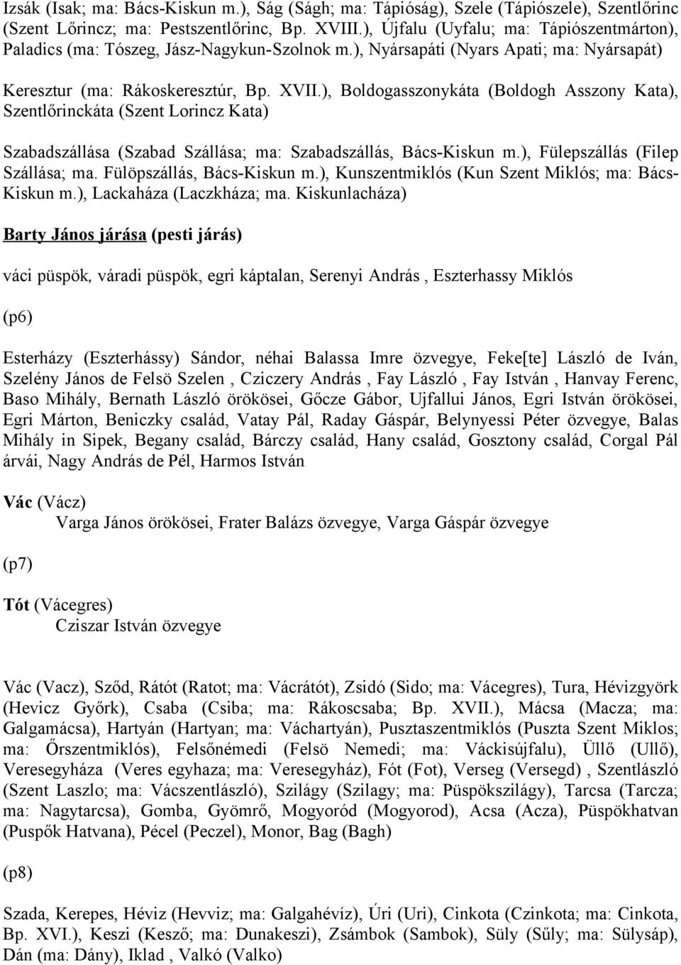 ), Boldogasszonykáta (Boldogh Asszony Kata), Szentlőrinckáta (Szent Lorincz Kata) Szabadszállása (Szabad Szállása; ma: Szabadszállás, Bács-Kiskun m.), Fülepszállás (Filep Szállása; ma.