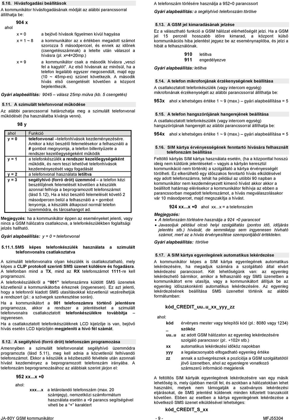 ) x = 9 a kommunikátor csak a második hívásra veszi fel a kagylót. Az első hívásnak az minősül, ha a telefon legalább egyszer megcsendült, majd egy (10 ~ 45mp-es) szünet következik.