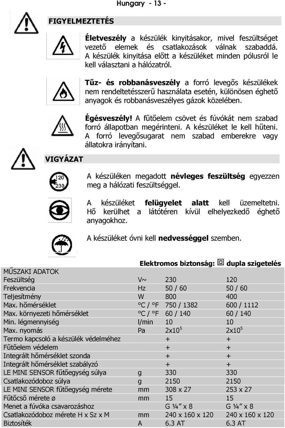 z- és robbanásveszély a forró levegs készülékek nem rendeltetésszer használata esetén, különösen éghet anyagok és robbanásveszélyes gázok közelében. Égésveszély!