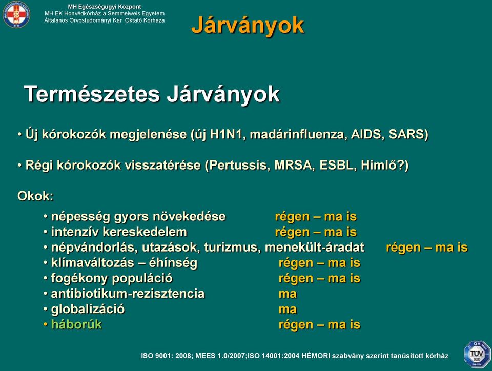 ) Okok: népesség gyors növekedése régen ma is intenzív kereskedelem régen ma is népvándorlás, utazások, turizmus, menekült-áradat klímaváltozás éhínség