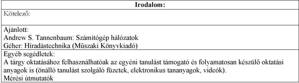 segédletek: A tárgy oktatásához felhasználhatóak az egyéni tanulást támogató és