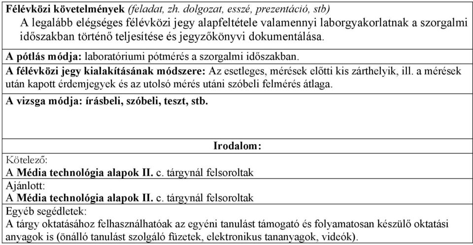 A pótlás módja: laboratóriumi pótmérés a szorgalmi időszakban. A félévközi jegy kialakításának módszere: Az esetleges, mérések előtti kis zárthelyik, ill.