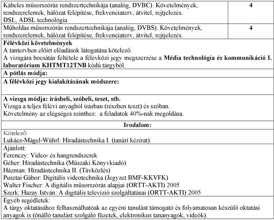 Félévközi követelmények A tantervben előírt előadások látogatása kötelező. A vizsgára bocsátás feltétele a félévközi jegy megszerzése a Média technológia és kommunikáció I.