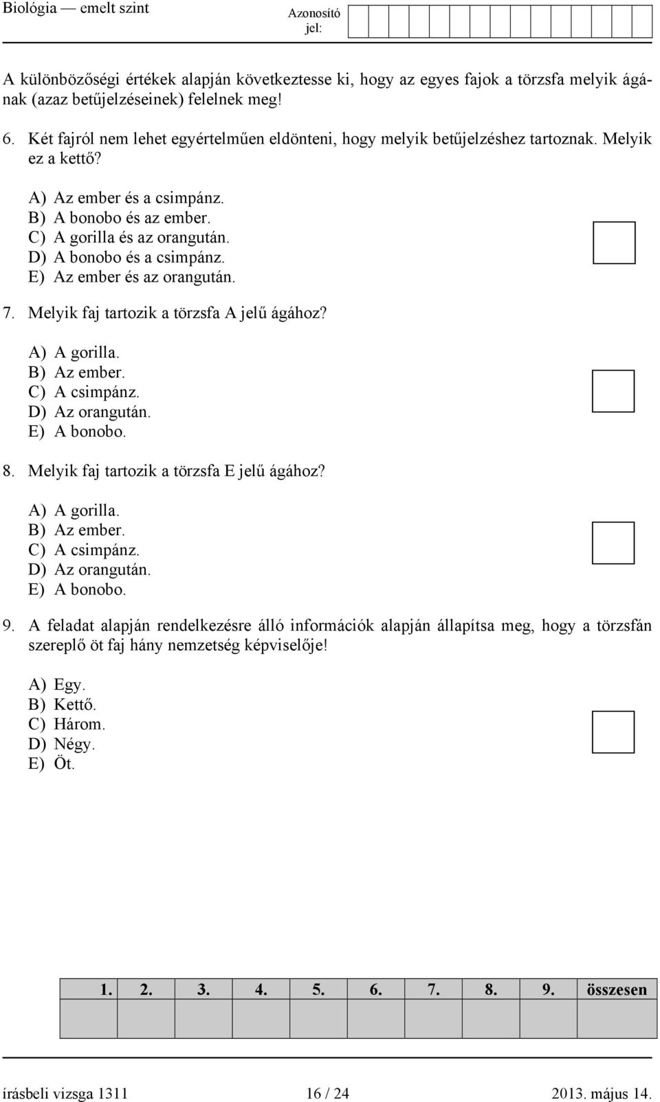 D) A bonobo és a csimpánz. E) Az ember és az orangután. 7. Melyik faj tartozik a törzsfa A jelű ágához? A) A gorilla. B) Az ember. C) A csimpánz. D) Az orangután. E) A bonobo. 8.