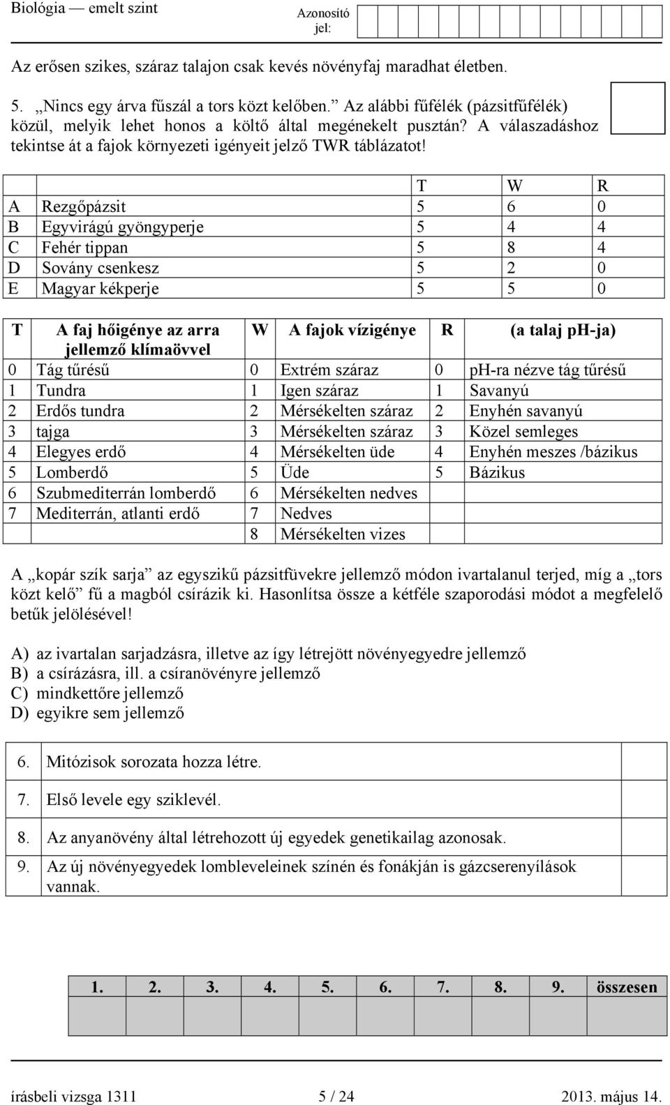 T W R A Rezgőpázsit 5 6 0 B Egyvirágú gyöngyperje 5 4 4 C Fehér tippan 5 8 4 D Sovány csenkesz 5 2 0 E Magyar kékperje 5 5 0 T A faj hőigénye az arra W A fajok vízigénye R (a talaj ph-ja) jellemző