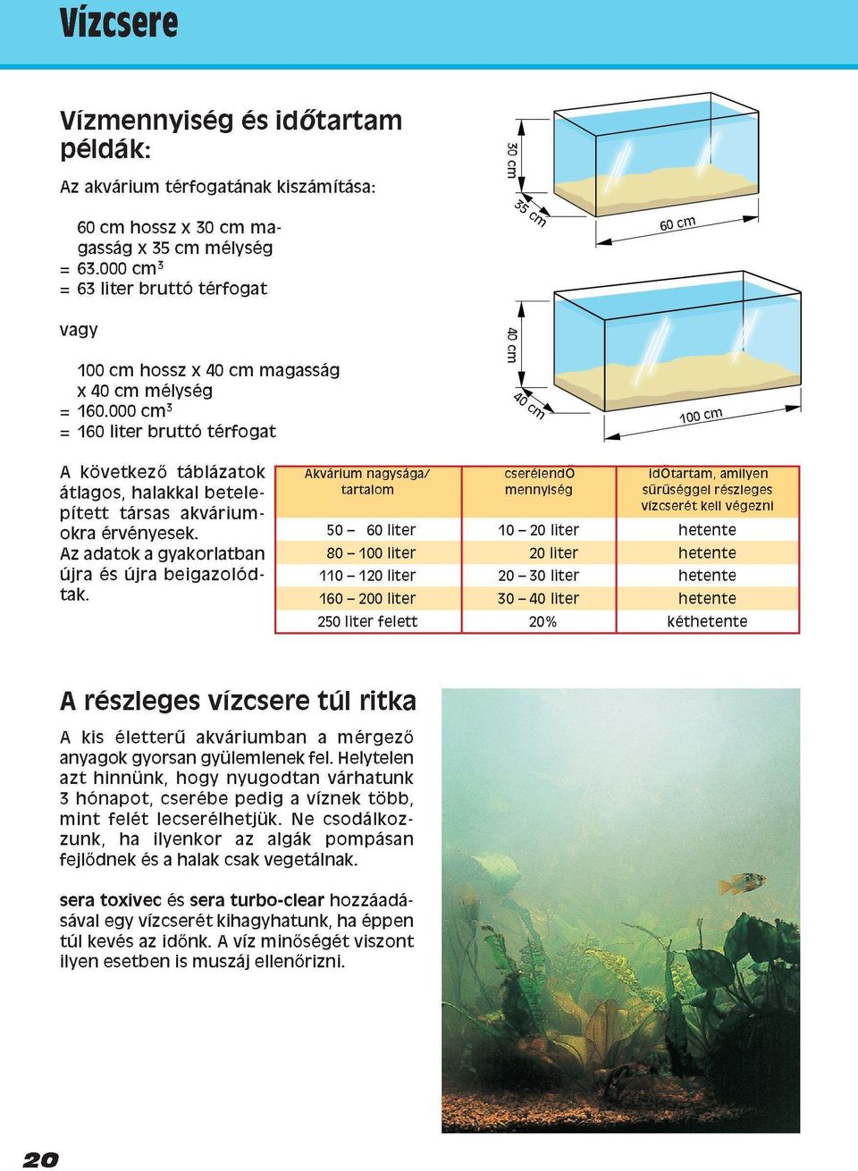 000 cm 3 = 160 liter bruttó térfogat A következő táblázatok átlagos, halakkal betele - pìtett társas akvárium - okra érvényesek. Az adatok a gyakorlatban újra és újra beigazo ló d - tak.