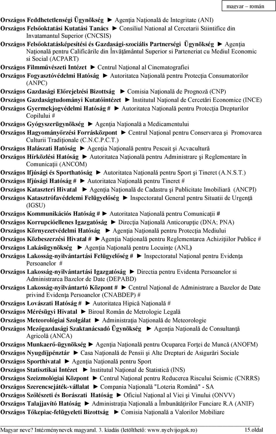 (ACPART) Országos Filmművészeti Intézet Centrul Naţional al Cinematografiei Országos Fogyasztóvédelmi Hatóság Autoritatea Naţională pentru Protecţia Consumatorilor (ANPC) Országos Gazdasági