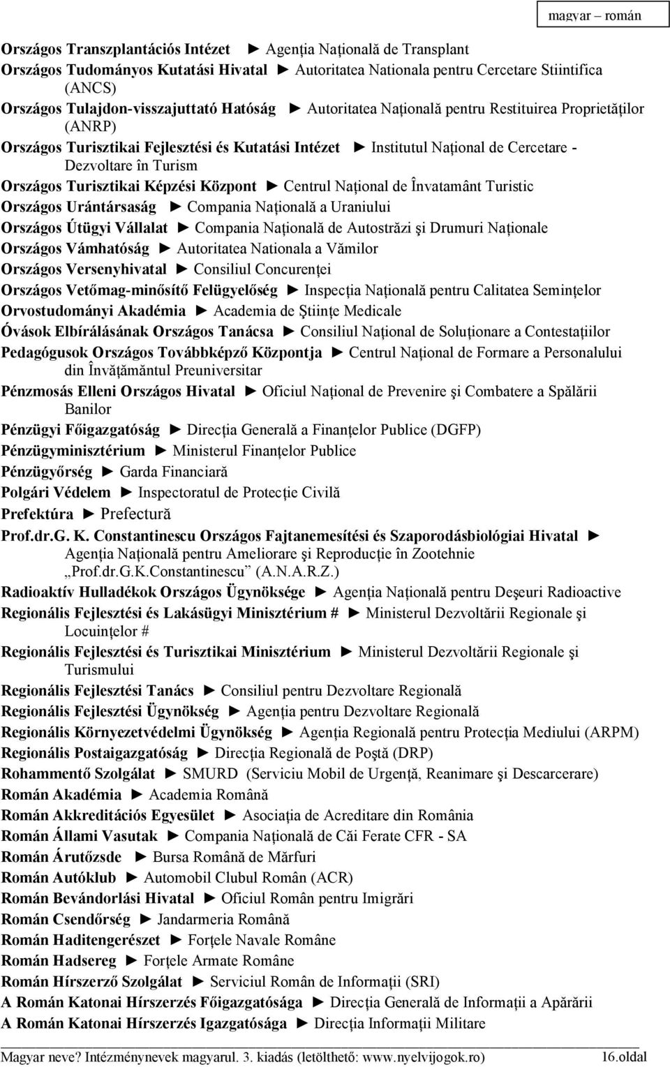 Turism Országos Turisztikai Képzési Központ Centrul Naţional de Învatamânt Turistic Országos Urántársaság Compania Naţională a Uraniului Országos Útügyi Vállalat Compania Naţională de Autostrăzi şi
