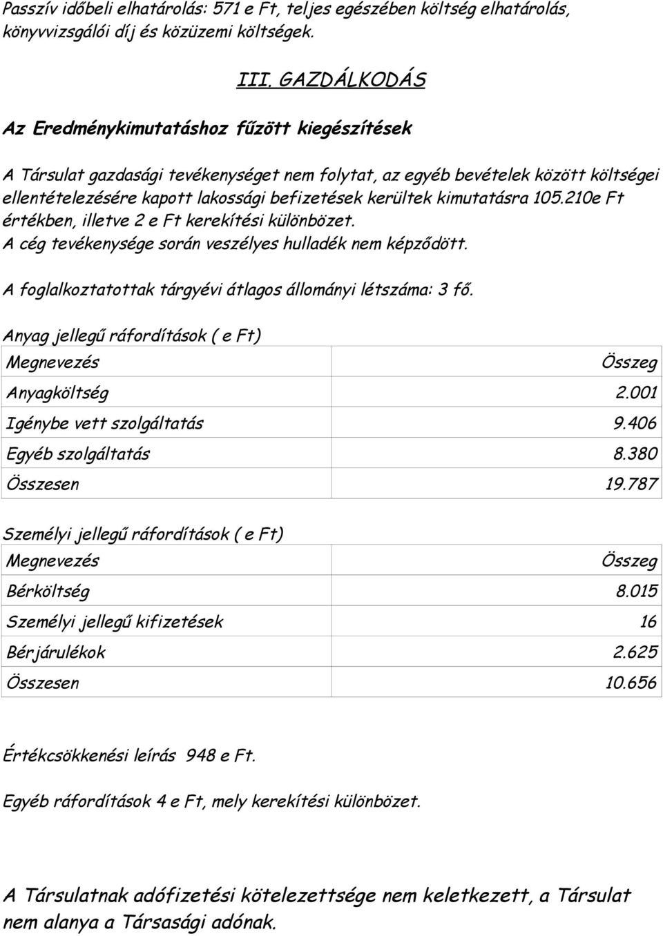 kimutatásra 105.210e Ft értékben, illetve 2 e Ft kerekítési különbözet. A cég tevékenysége során veszélyes hulladék nem képződött. A foglalkoztatottak tárgyévi átlagos állományi létszáma: 3 fő.