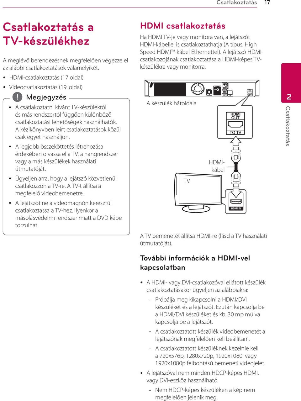 y A legjobb összeköttetés létrehozása érdekében olvassa el a TV, a hangrendszer vagy a más készülékek használati útmutatóját. y Ügyeljen arra, hogy a lejátszó közvetlenül csatlakozzon a TV-re.