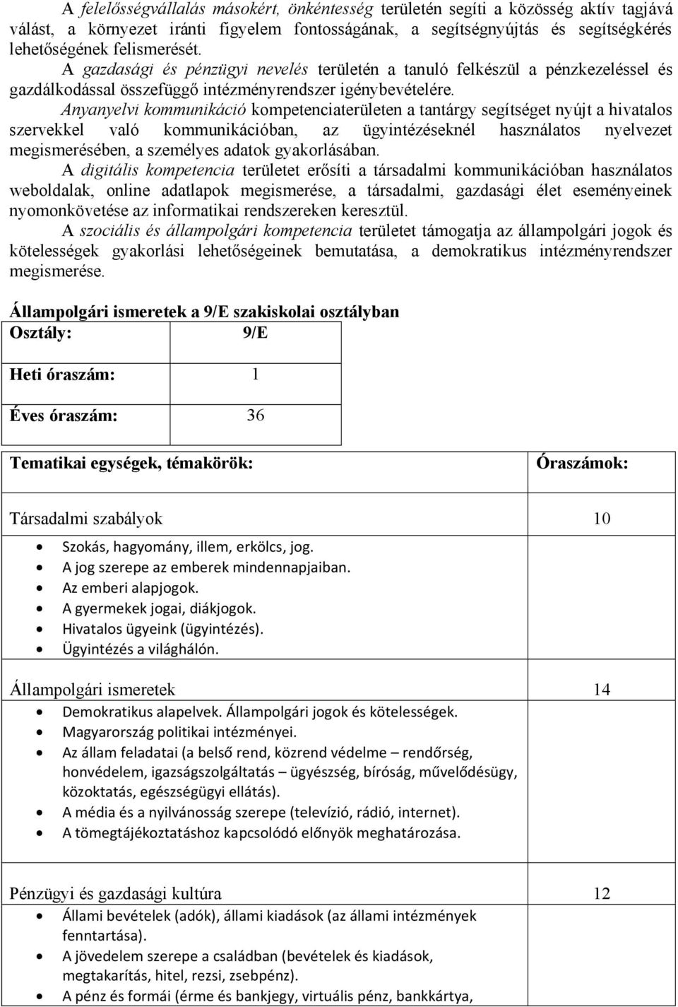 Anyanyelvi kommunikáció kompetenciaterületen a tantárgy segítséget nyújt a hivatalos szervekkel való kommunikációban, az ügyintézéseknél használatos nyelvezet megismerésében, a személyes adatok