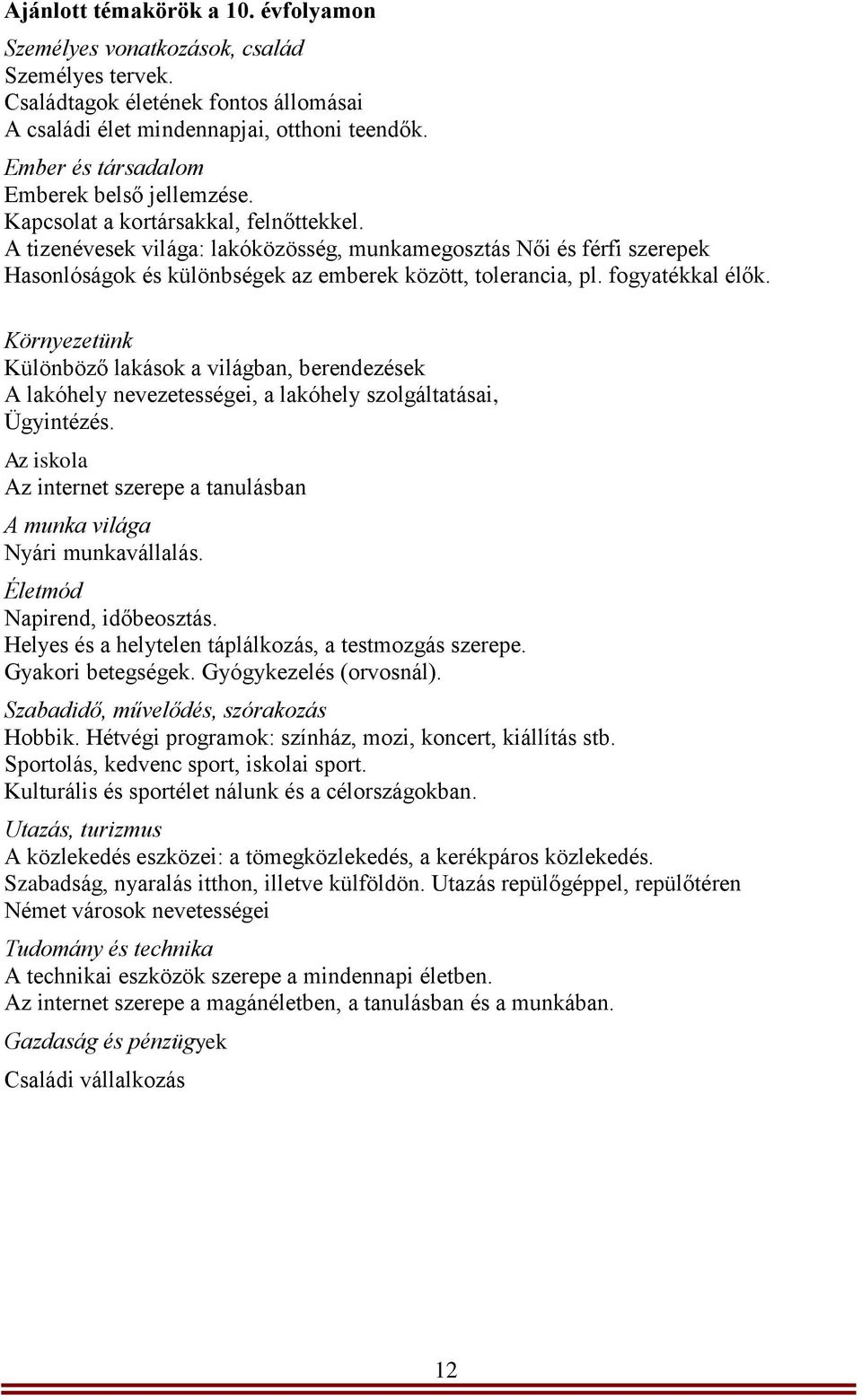 A tizenévesek világa: lakóközösség, munkamegosztás Női és férfi szerepek Hasonlóságok és különbségek az emberek között, tolerancia, pl. fogyatékkal élők.