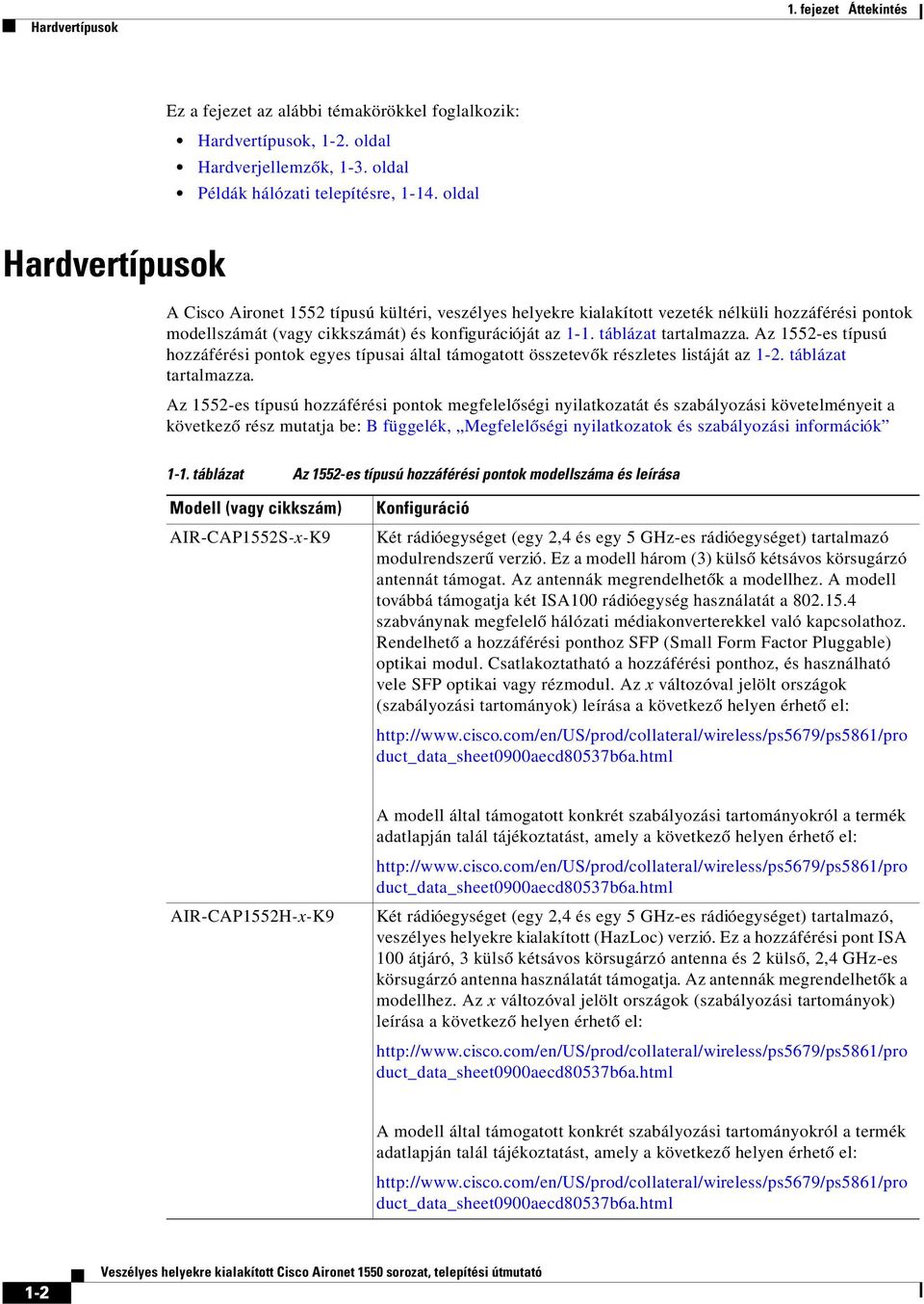 táblázat tartalmazza. Az 1552-es típusú hozzáférési pontok egyes típusai által támogatott összetevők részletes listáját az 1-2. táblázat tartalmazza.