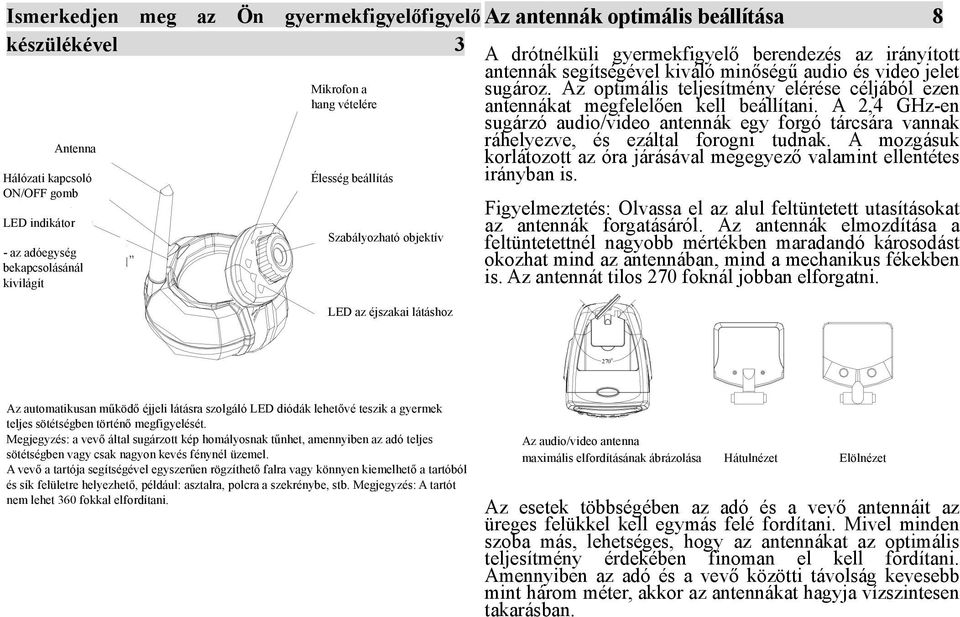 A 2,4 GHz-en sugárzó audio/video antennák egy forgó tárcsára vannak ráhelyezve, és ezáltal forogni tudnak. A mozgásuk Antenna korlátozott az óra járásával megegyező valamint ellentétes irányban is.