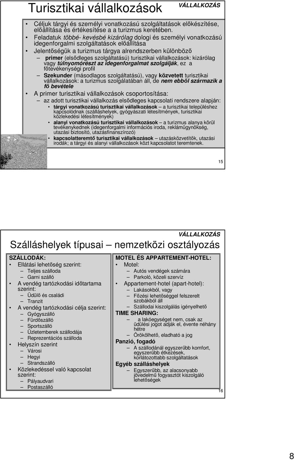 turisztikai vállalkozások: kizárólag vagy túlnyomórészt az idegenforgalmat szolgálják, ez a fıtevékenységi profil Szekunder (másodlagos szolgáltatású), vagy közvetett turisztikai vállalkozások: a