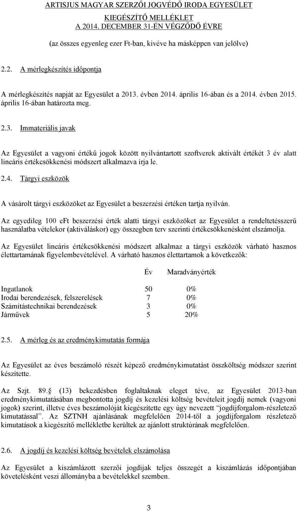 Immateriális javak Az Egyesület a vagyoni értékű jogok között nyilvántartott szoftverek aktivált értékét 3 év alatt lineáris értékcsökkenési módszert alkalmazva írja le. 2.4.