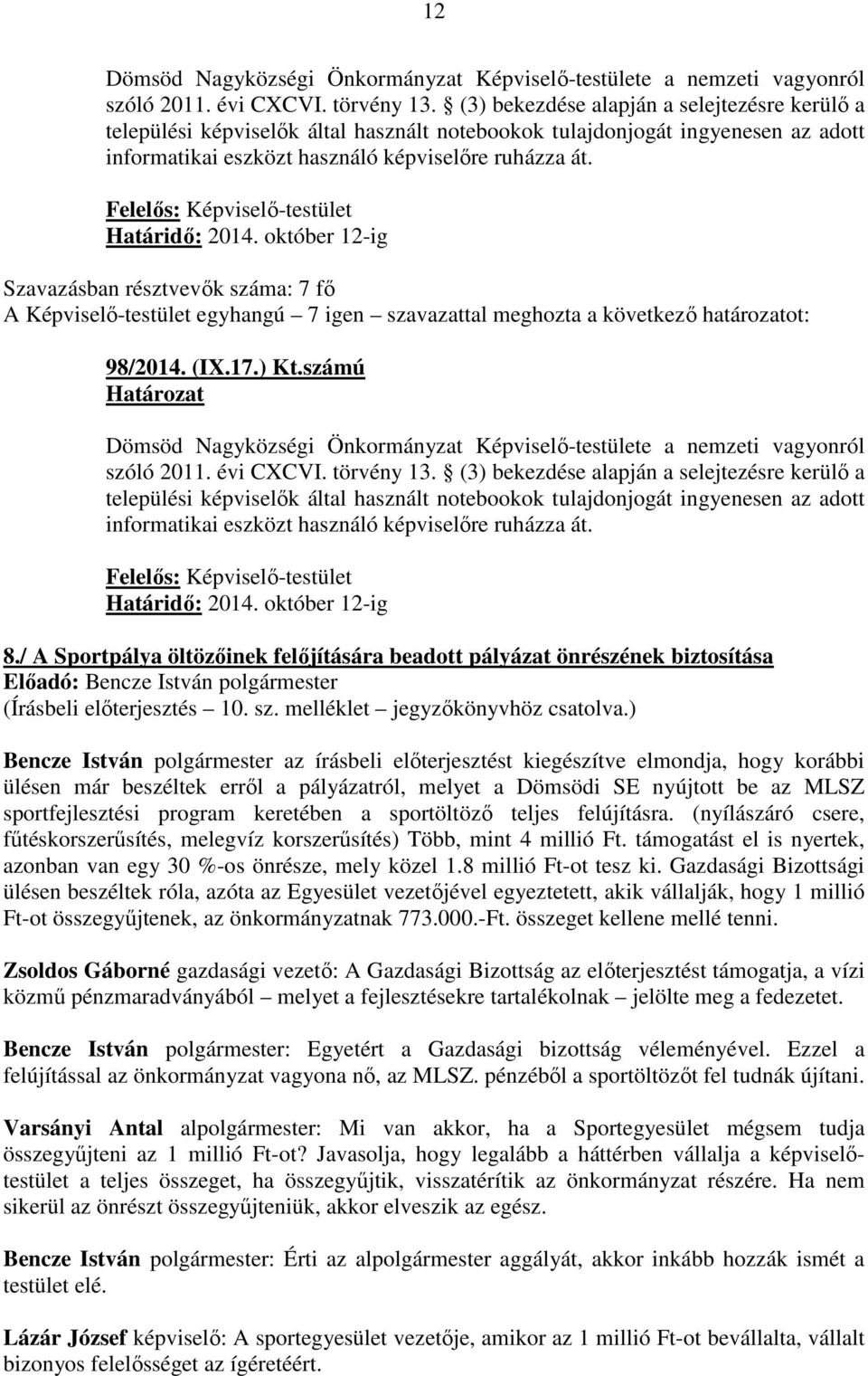 október 12-ig Szavazásban résztvevők száma: 7 fő A Képviselő-testület egyhangú 7 igen szavazattal meghozta a következő határozatot: 98/2014. (IX.17.) Kt.