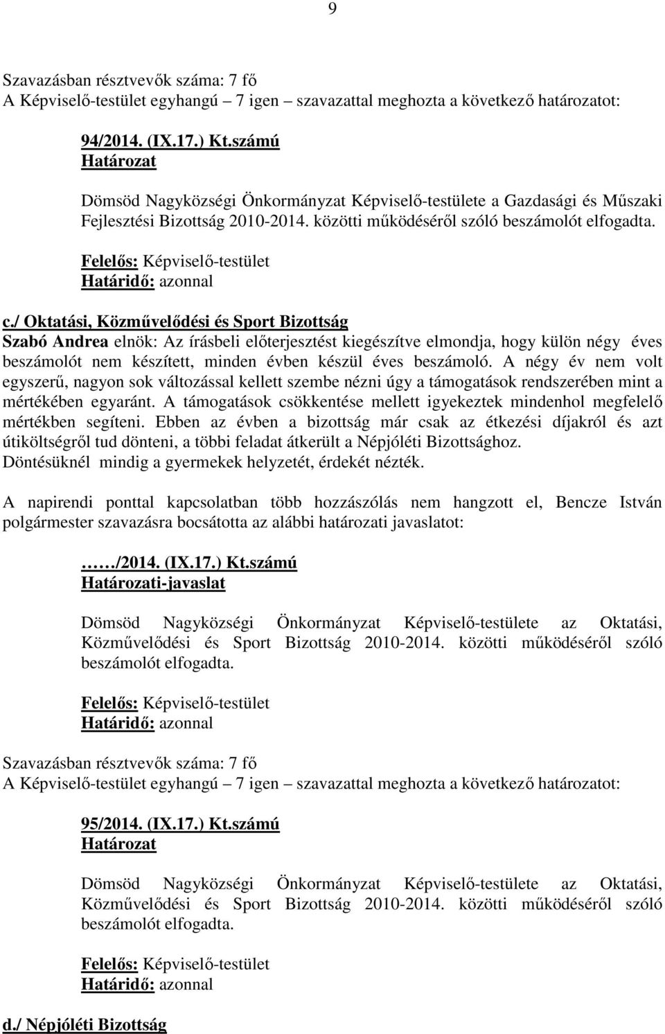 / Oktatási, Közművelődési és Sport Bizottság Szabó Andrea elnök: Az írásbeli előterjesztést kiegészítve elmondja, hogy külön négy éves beszámolót nem készített, minden évben készül éves beszámoló.