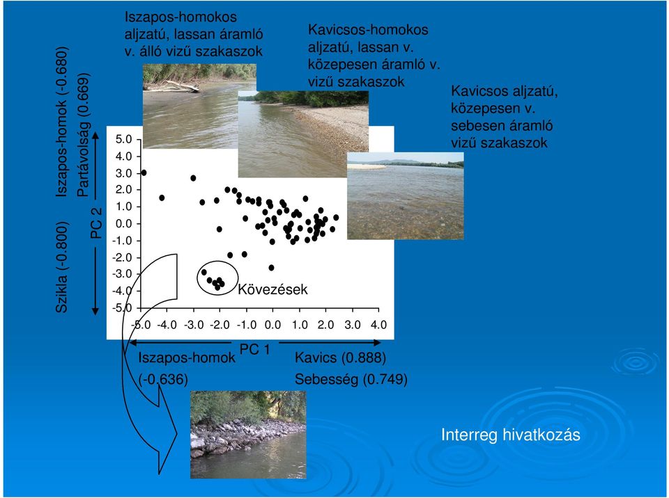 közepesen áramló v. viző szakaszok 5.0 4.0 3.0 2.0 1.0 0.0-1.0-2.0-3.0-4.0-5.0 Kövezések -5.0-4.0-3.0-2.0-1.0 0.0 1.0 2.0 3.0 4.0 PC 1 Iszapos-homok Kavics (0.