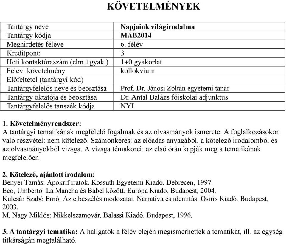 A foglalkozásokon való részvétel: nem kötelező. Számonkérés: az előadás anyagából, a kötelező irodalomból és az olvasmányokból vizsga.