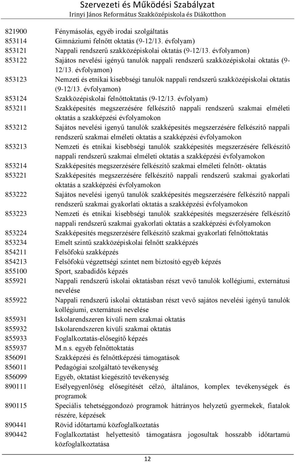 évfolyamon) 853123 Nemzeti és etnikai kisebbségi tanulók nappali rendszerű szakközépiskolai oktatás (9-12/13. évfolyamon) 853124 Szakközépiskolai felnőttoktatás (9-12/13.