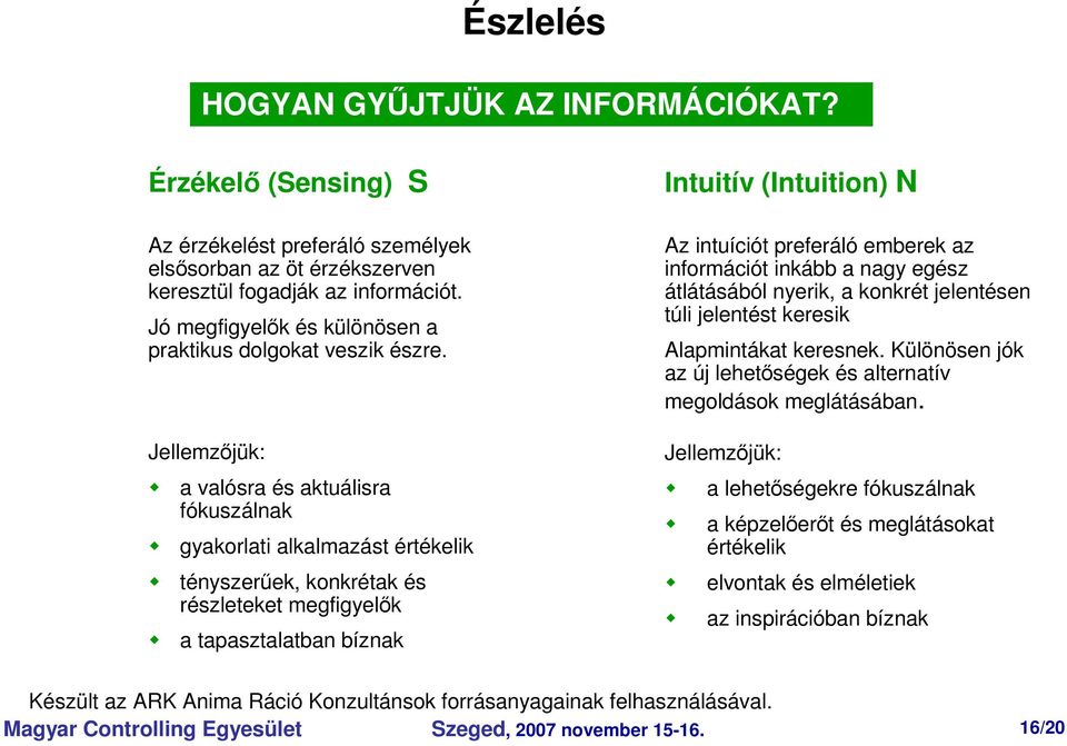 Jellemzjük: a valósra és aktuálisra fókuszálnak gyakorlati alkalmazást értékelik tényszerek, konkrétak és részleteket megfigyelk a tapasztalatban bíznak Intuitív (Intuition) N Az intuíciót preferáló