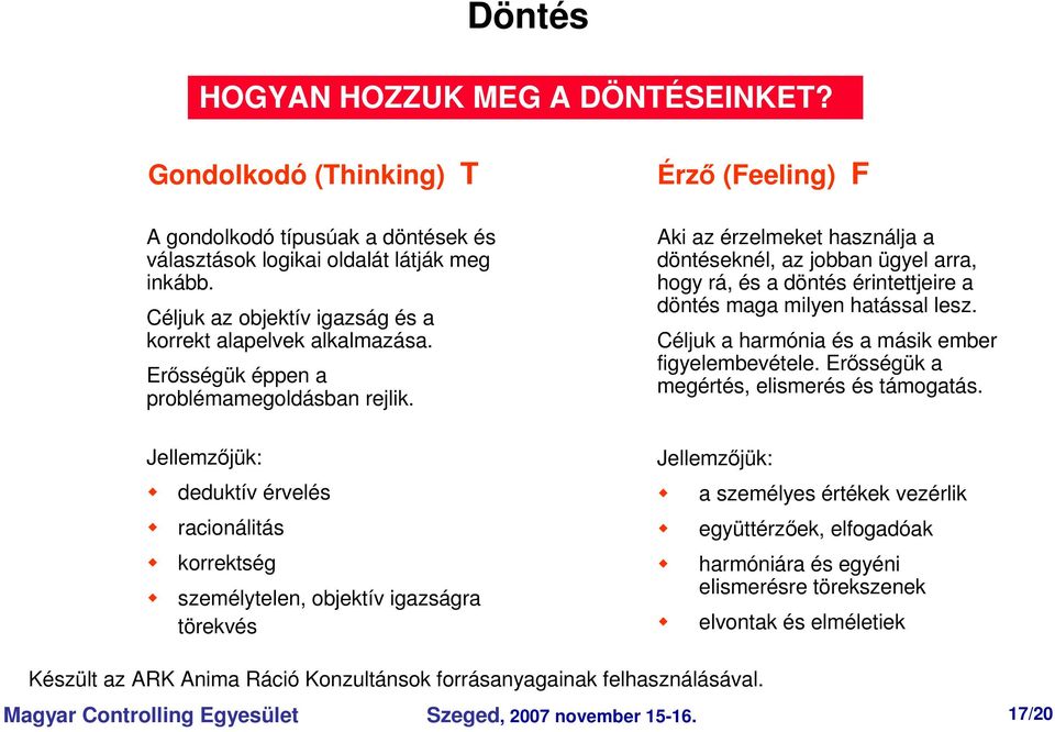 Jellemzjük: deduktív érvelés racionálitás korrektség személytelen, objektív igazságra törekvés Érz (Feeling) F Aki az érzelmeket használja a döntéseknél, az jobban ügyel arra, hogy rá, és a döntés