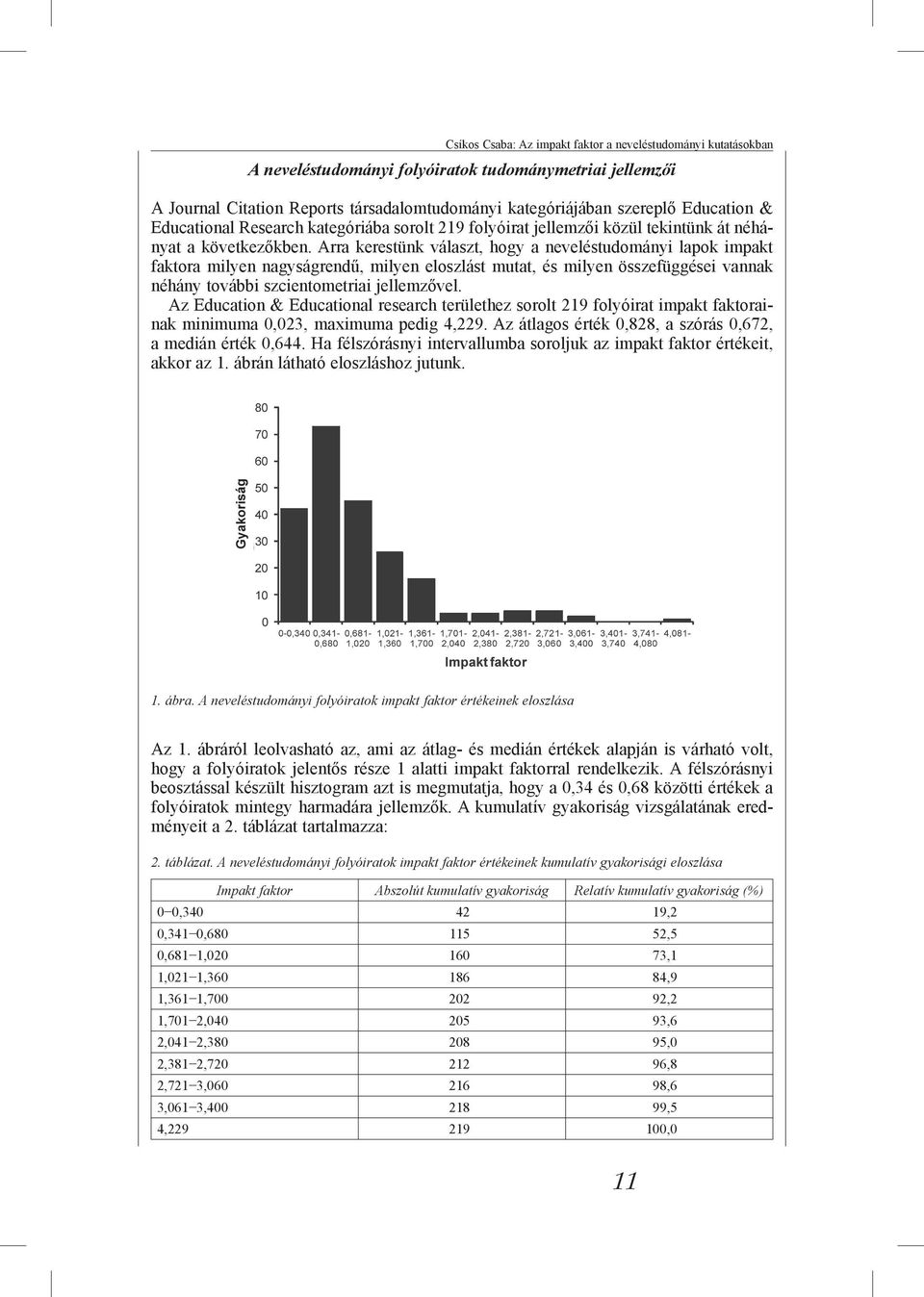 Arra kerestünk választ, hogy a neveléstudományi lapok impakt faktora milyen nagyságrendű, milyen eloszlást mutat, és milyen összefüggései vannak néhány további szcientometriai jellemzővel.