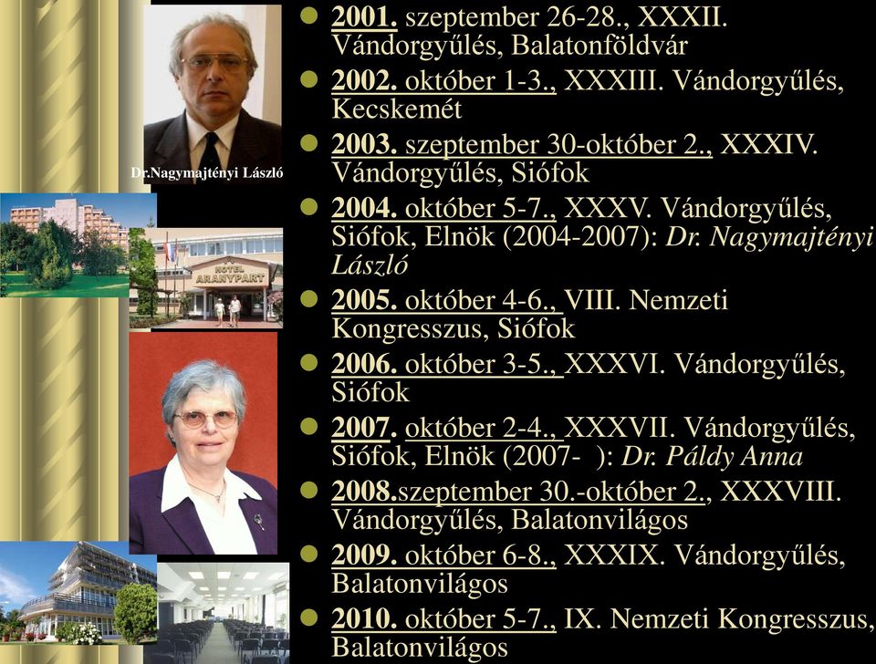 , VIII. Nemzeti Kongresszus, Siófok 2006. október 3-5., XXXVI. Vándorgyűlés, Siófok 2007. október 2-4., XXXVII. Vándorgyűlés, Siófok, Elnök (2007- ): Dr.