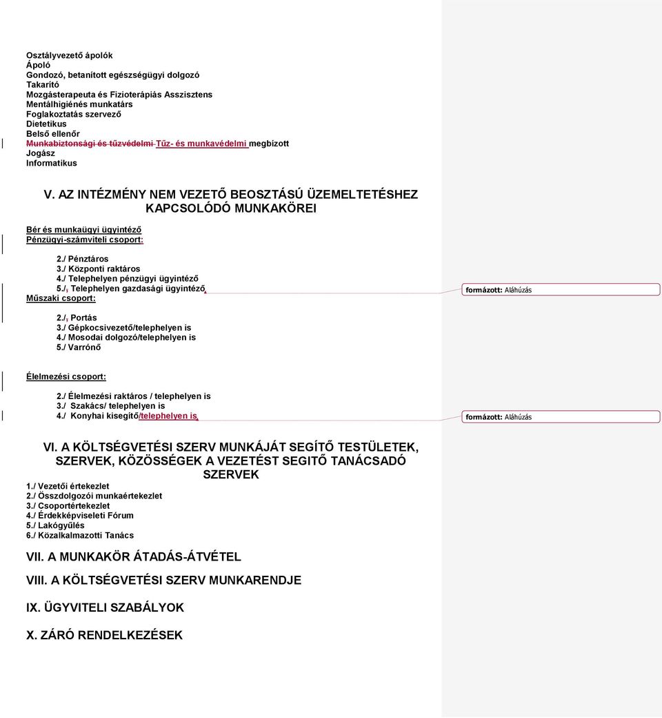 AZ INTÉZMÉNY NEM VEZETŐ BEOSZTÁSÚ ÜZEMELTETÉSHEZ KAPCSOLÓDÓ MUNKAKÖREI Bér és munkaügyi ügyintéző Pénzügyi-számviteli csoport: 2./ Pénztáros 3./ Központi raktáros 4./ Telephelyen pénzügyi ügyintéző 5.