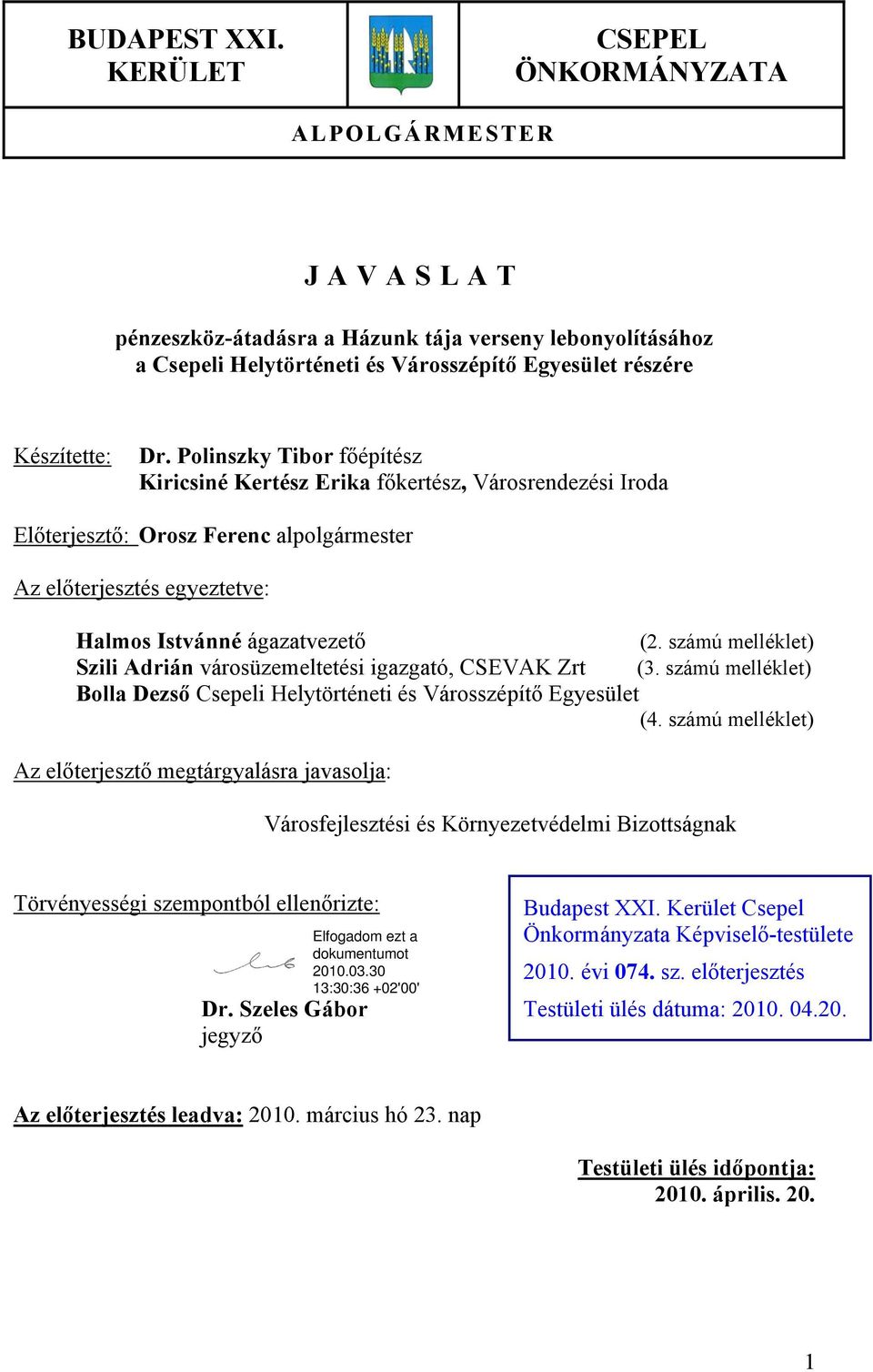 számú melléklet) Szili Adrián városüzemeltetési igazgató, CSEVAK Zrt (3. számú melléklet) Bolla Dezső Csepeli Helytörténeti és Városszépítő Egyesület (4.