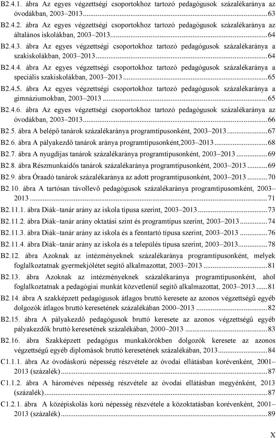 .. 65 B2.4.5. ábra Az egyes végzettségi csoportokhoz tartozó pedagógusok százalékaránya a gimnáziumokban, 2003 2013... 65 B2.4.6. ábra Az egyes végzettségi csoportokhoz tartozó pedagógusok százalékaránya az óvodákban, 2003 2013.