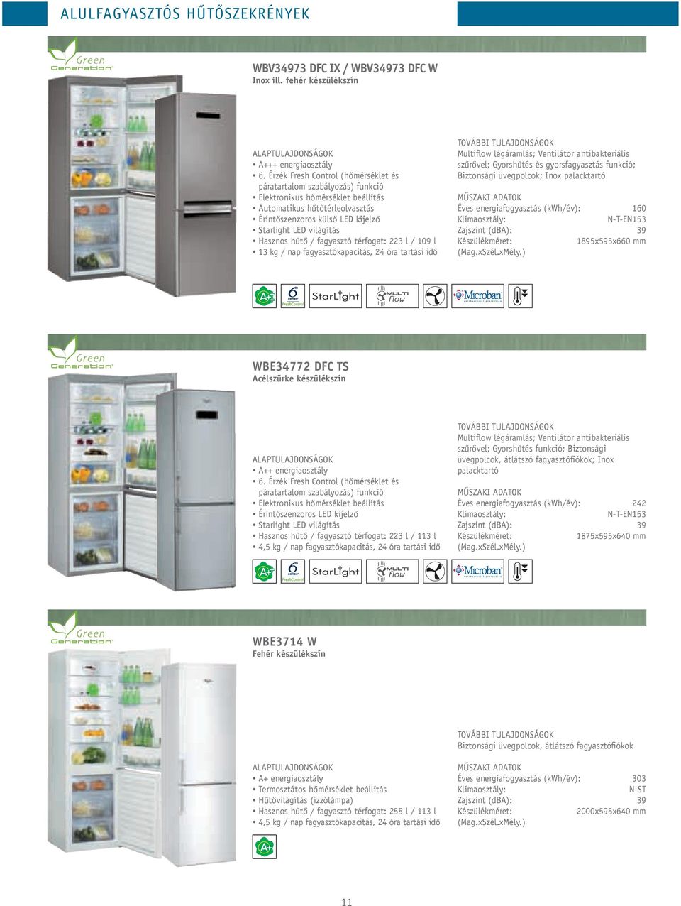 Hasznos hűtő / fagyasztó térfogat: 223 l / 109 l 13 kg / nap fagyasztókapacitás, 24 óra tartási idő Multiflow légáramlás; Ventilátor antibakteriális szűrővel; Gyorshűtés és gyorsfagyasztás funkció;